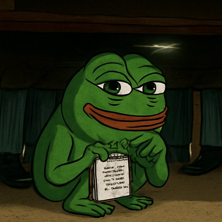 Pepe the frog crouched under a boardroom table holding a small spiral notepad, directors' shoes behind him