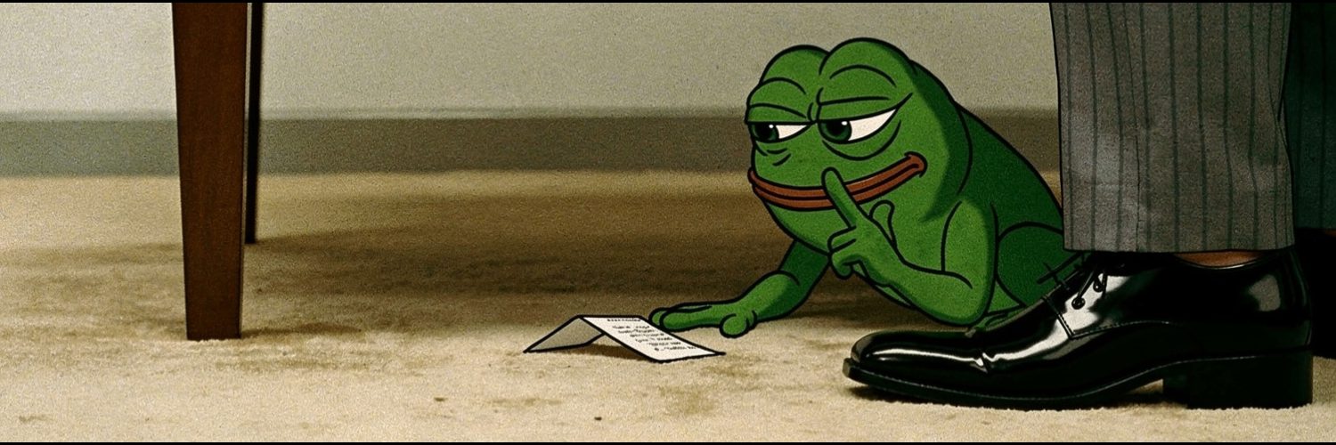 Pepe on the office carpet next to a table leg and a black dress shoe, finger to his lips, a folded note on the floor